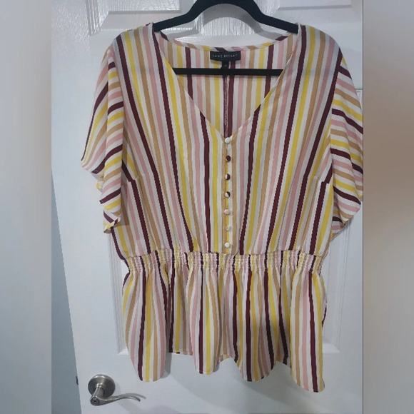Lane Bryant Mulitcolor Stripes Short Sleeve V-Neck Smocked Waist Blouse Size 20 - Picture 2 of 10